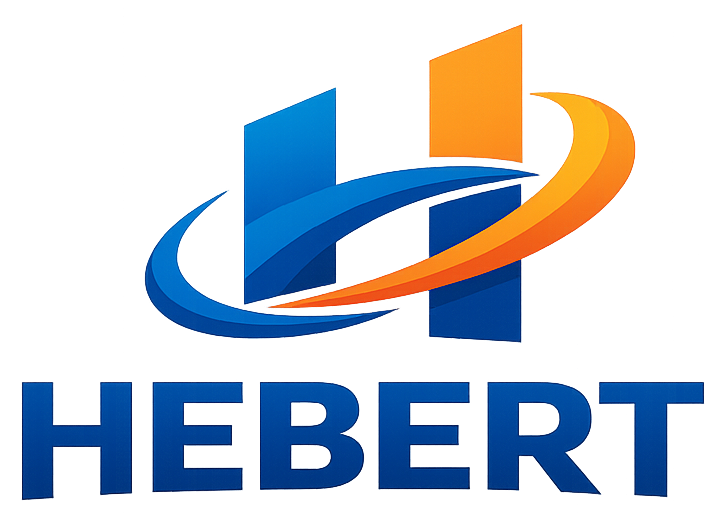 HEBERT logo with vivid blue geometric lettering and an orange swoosh